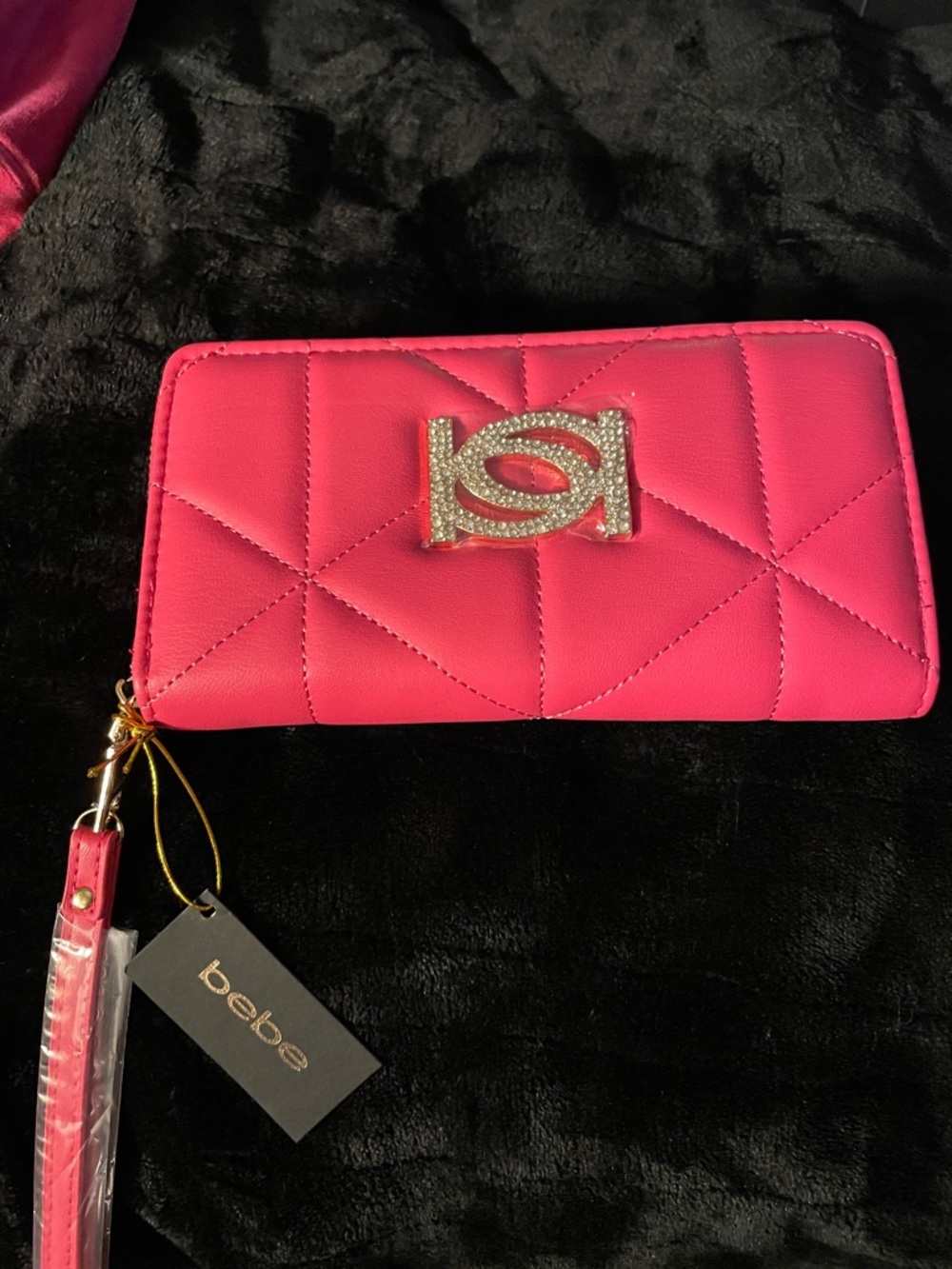 bebe Quilted Bright Pink Zip-Around Wallet Wristlet with Jeweled Logo